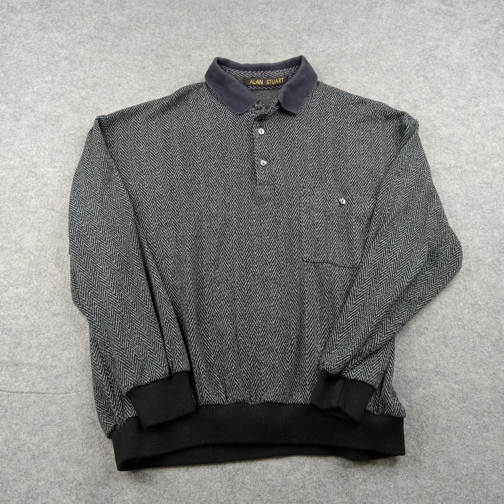 Alan Stuart Sweater Mens XL Gray Herringbone Collared‎ Henley Knit Pullover USA